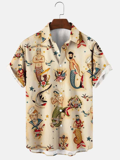 Men's Retro Mermaid Print Casual Breathable Short Sleeve Hawaiian Shirt